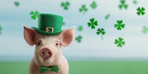 Pig dressed for St. Patrick's Day with green hat and bow tie