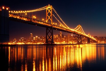 Obraz premium Illuminated bridge at night over water with city skyline backdrop for travel blog