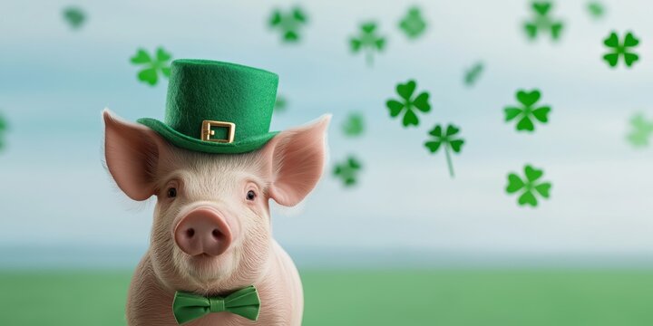 Pig dressed for St. Patrick's Day with green hat and bow tie