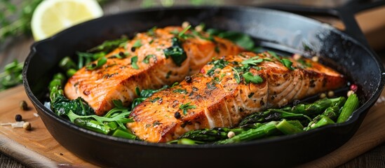 Luscious low carb breakfast with baked salmon steaks and vibrant greens in a black cast iron skillet on a wooden board with lemon slices