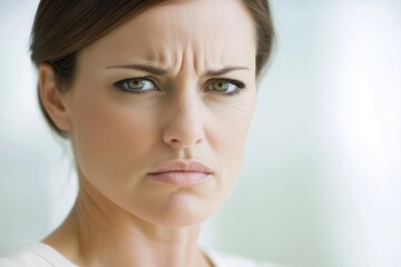 Naklejka premium Angry woman frowning with an intense look. Frustration and emotions