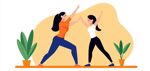 Mother and daughter doing stretching exercises together in a home gym, promoting health and wellness as a family