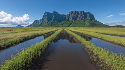 Obraz premium Green Field With Water Reflections and Mountain Background