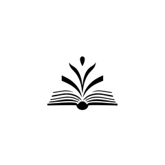 Open Book of Knowledge: Black and white illustration of an open book with stylized sprout growing from it.