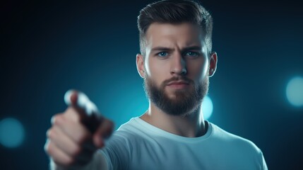 Serious bearded man pointing at the camera with dramatic lighting. Confidence and leadership