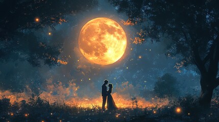 Obraz premium A pair of lovers under a glowing full moon in a quiet forest clearing, magical and intimate