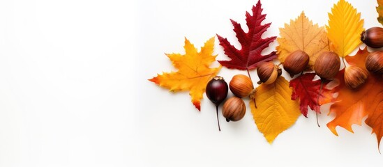 Vibrant autumn foliage featuring red maple leaves, orange oak leaves, and brown acorns arranged on a bright white background.