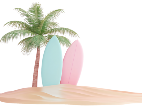 Two Surfboards Leaning Against Palm Tree on Sandy Beach, PNG