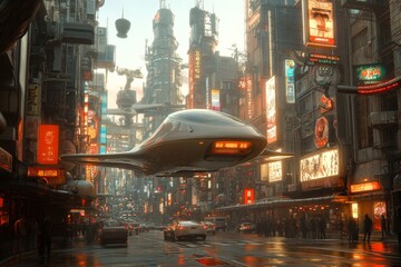 Futuristic city street with flying vehicle and neon signs during twilight in a bustling metropolis