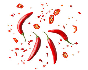 Red Chili Peppers With Chopped Pieces on Transparent Background, PNG