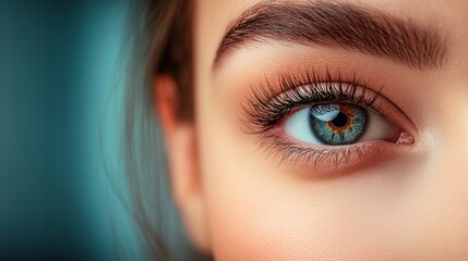 Fototapeta premium Woman with long brown hair and brown eyes. The eyes are a bright blue color. The woman's face is clean and well-groomed