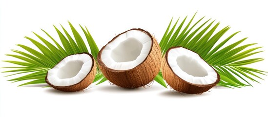 Fototapeta na wymiar Coconuts with white flesh placed on vibrant green palm leaves against a bright white background creating a fresh tropical nature concept image.