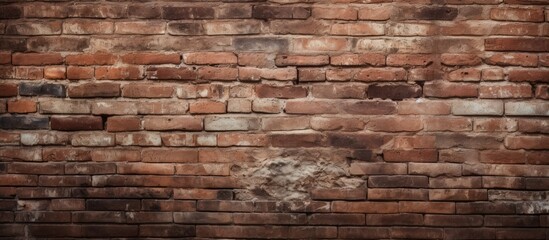 Obraz premium Rustic brown brick wall with varying textures and shades of red, positioned centrally, showcasing aged and weathered construction details.