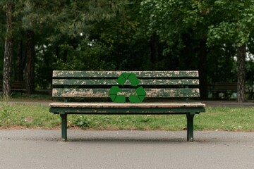 Fototapeta premium Recycle symbol on bench in park ecology concept, environment responsibility