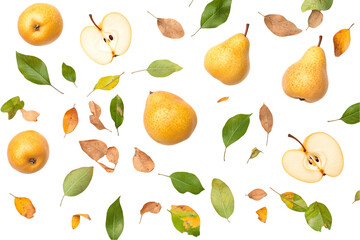 Obraz premium Ripe Pears and Apple Halves with Autumn Leaves on Transparent Background, PNG