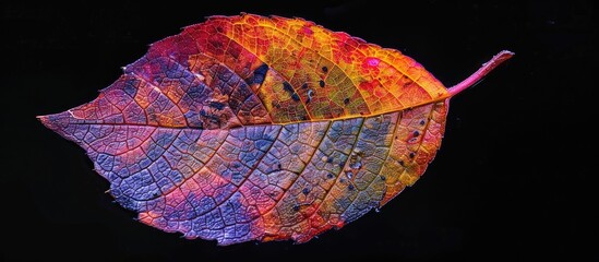 Vibrant weathered leaf in purple, orange, and blue hues with intricate worm damage, centered against a solid black background for dramatic effect.
