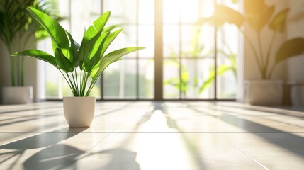Fototapeta premium Sunlight Filters Through a Large Window Illuminating a Green Plant in a Bright Indoor Space During the Daytime
