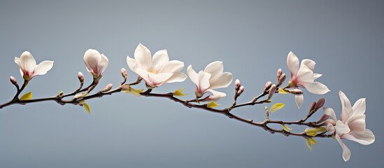 Magnolia branch with delicate pale pink flowers and budding green leaves against a soft gray background in a horizontal layout.