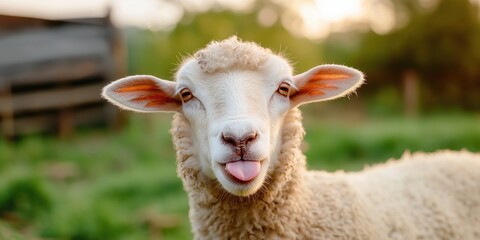 Fototapeta premium Playful sheep sticking out its tongue in a field