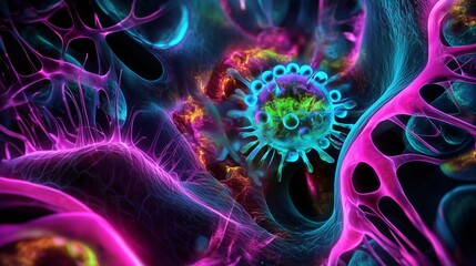 Fantastyczna wizja wnętrza organizmu z neonowymi mikroorganizmami