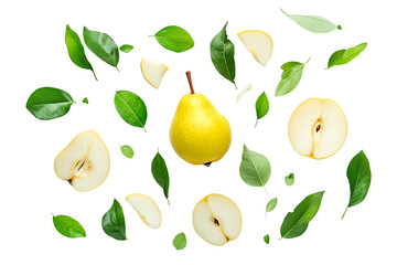 Obraz premium Ripe Yellow Pear With Slices and Green Leaves on Transparent Background, PNG