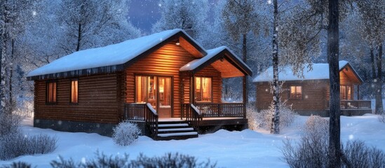 Cozy log cabins adorned with warm yellow lights, surrounded by snow-covered landscape and frosty trees, ideal for winter retreats and getaways.