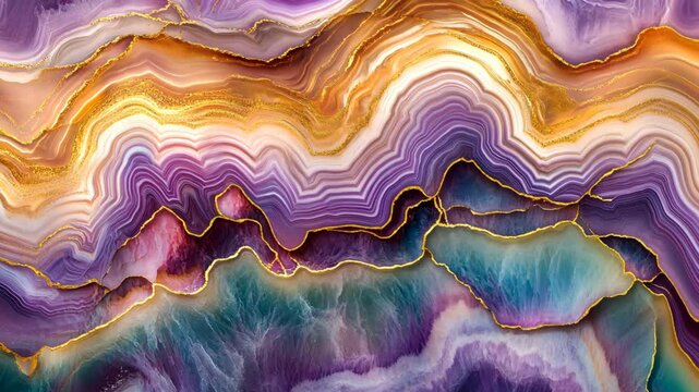 Mesmerizing abstract fluid art animation of semi-precious stones texture with flowing waves of vibrant colors. Marble patterns in purple, orange and turquoise create dynamic movement like magical agat