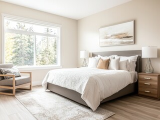 Spacious and modern retirement home bedroom with cozy decor, natural light, and accessibility features for senior comfort