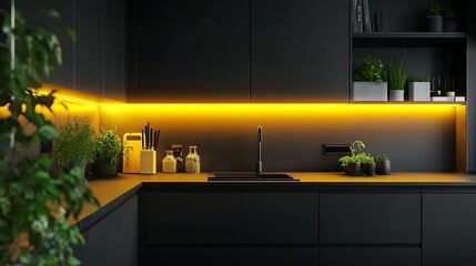 Modern Black Kitchen with Warm Yellow LED Lighting Accentuating Minimalist Design
