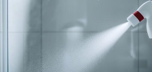 Toilet cleaning concept with disinfectant spray and brush, emphasizing hygiene maintenance in a modern bathroom