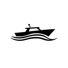 Speedboat silhouette graphic floating on water, monochrome illustration, clean design.