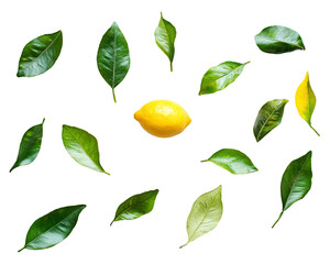 Ripe Yellow Lemon Surrounded by Lush Green Leaves on Transparent Background, PNG