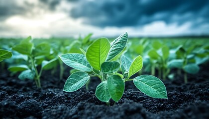 Green soybean plants growing in rich dark soil