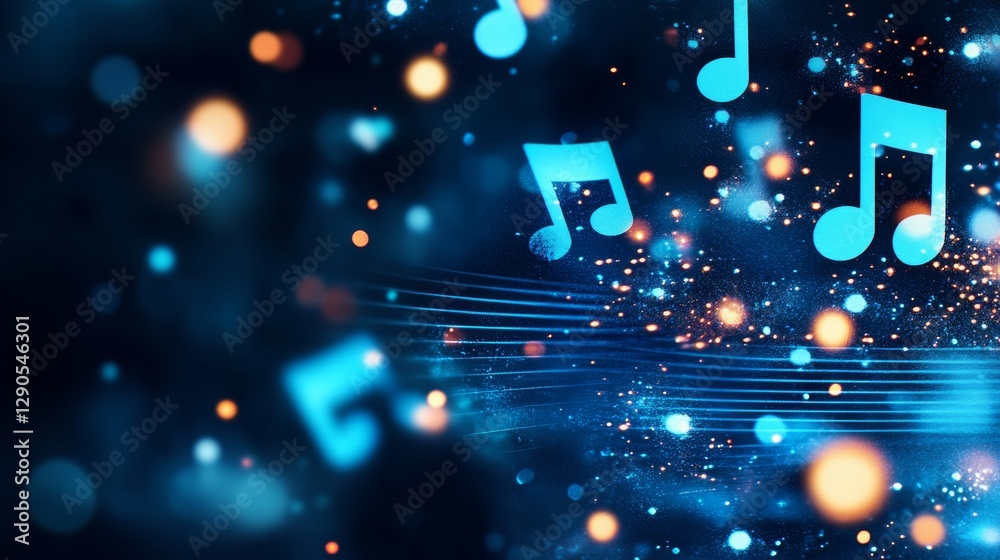 Poster blue background with musical notes scattered throughout. the notes are in different sizes and colors
