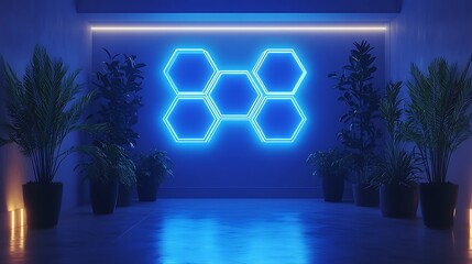 Neon Hexagon Serenity: Futuristic Interior Design with Blue Glow and Tropical Plants