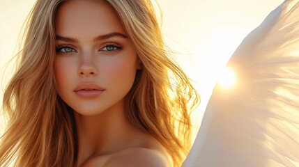 Piękna kobieta-anioł w ciepłym świetle zachodzącego słońca, z długimi blond włosami i białymi skrzydłami