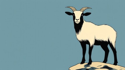 Stylized Goat Illustration on Rock Against Muted Blue Background