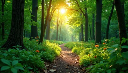 Obraz premium Sun-dappled forest trail, winding through lush greenery, branches, leaves, deep