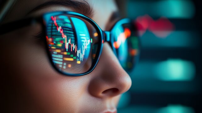 Woman is looking at a screen with a reflection of her face in her glasses. The reflection shows a series of numbers and lines, which could be related to a stock market or some other financial data