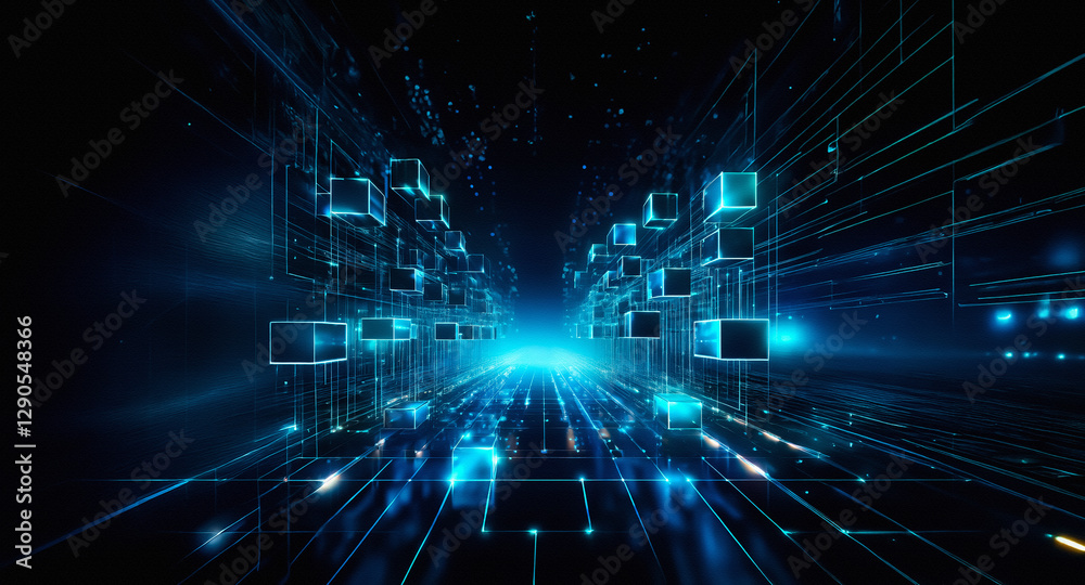 Poster abstract digital space with glowing blue cubes and lines creating a futuristic technological atmosph