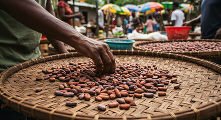 Cocoa Bean Processing: A Farmer's Hands Carefully Sorting Rich Brown and Purple Cacao Beans in a Traditional Woven Basket at a Vibrant African Market