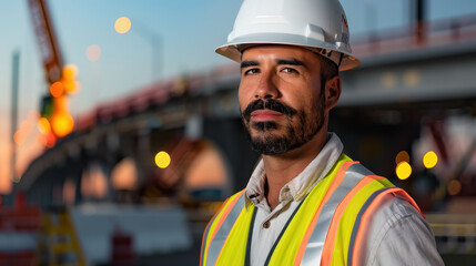 contractor wearing hard hat and safety vest at construction site
