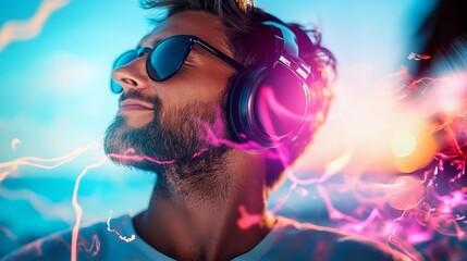 Man wearing sunglasses and headphones is listening to music. The image has a bright and colorful feel to it, with the man's face and the background both being in focus. Scene is one of relaxation
