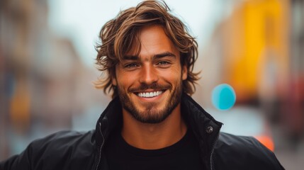 Fototapeta premium Man with a beard and long hair is smiling and wearing a black jacket. He looks happy and confident
