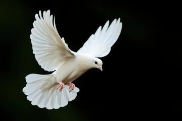 Obraz premium Dove is flying with wings spread, black background. Ideal for peace concept