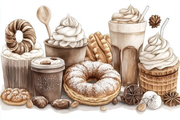Fototapeta premium Detailed drawing featuring an assortment of scrumptious desserts and sweet treats