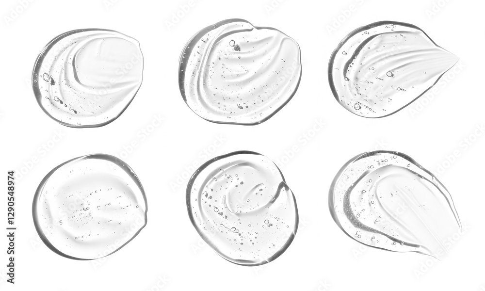 Poster various smears of white serum and clear gel textures are isolated on white background, showcasing di