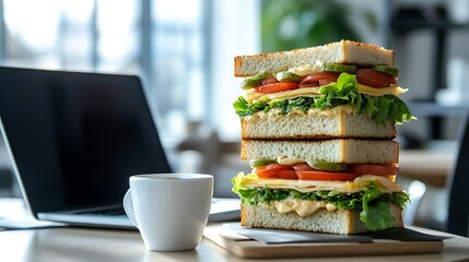 Delicious Triple-Decker Sandwich with Laptop and Coffee