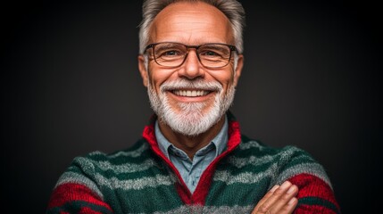 Obraz premium Man with glasses and a green and red striped sweater is smiling. He is posing for a picture