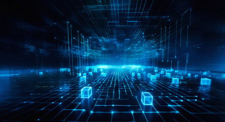 Futuristic abstract scene with glowing blue cubes and lines on a dark grid backdrop. Digital technology concept with luminous elements creating depth and perspective.